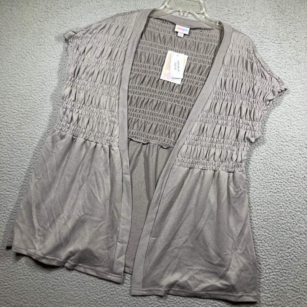 LuLaRoe Kaylin Vest Women Medium Taupe Smocked Open Front Sleeveless Top NEW